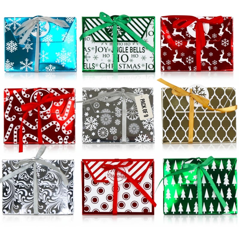 Iconikal 9-Pack Christmas Holiday Foil Embossed Gift Card Holder Boxes with Ribbons Cash Money Presents - Image 1